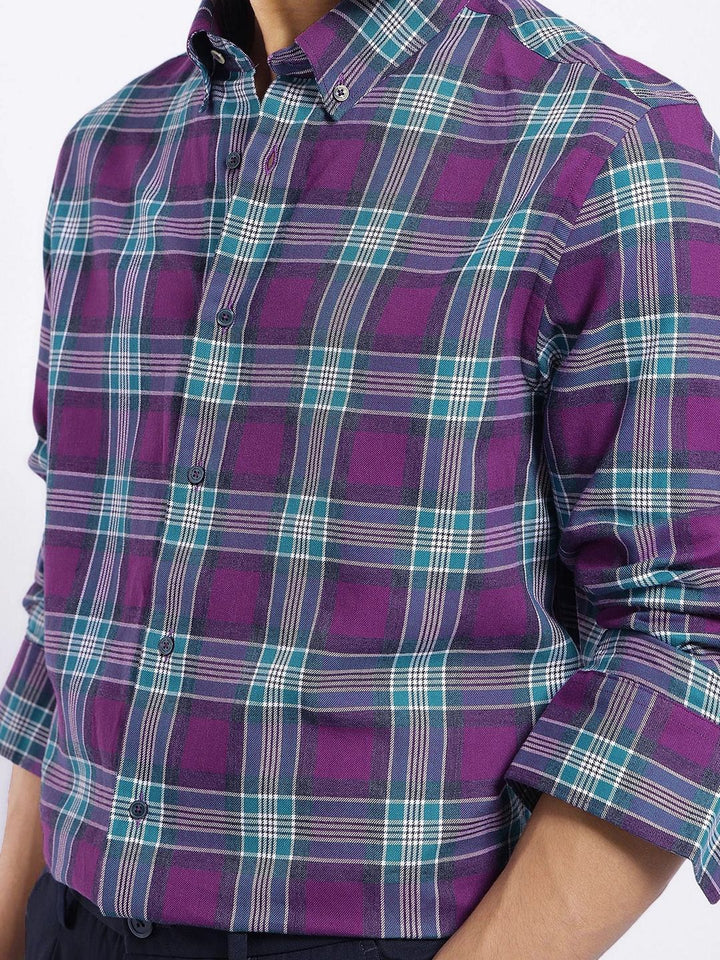 RARE RABBIT Men Comfort Button-Down Collar Tartan Checked Cotton Casual Shirt