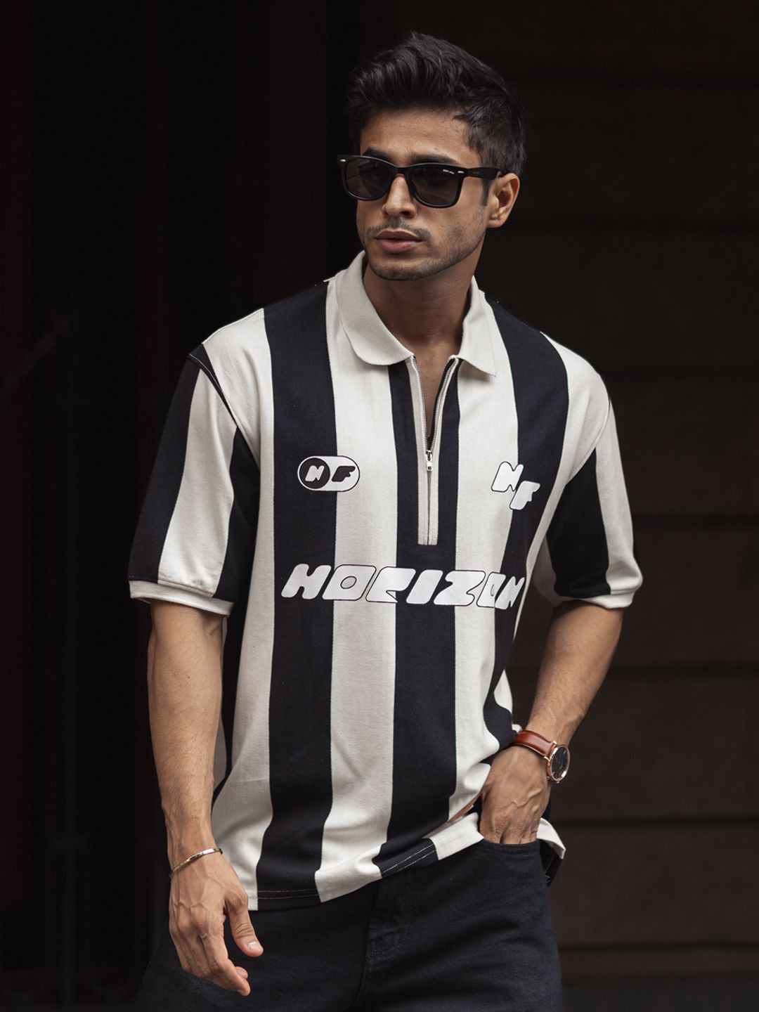 Powerlook Men Striped Polo Collar Cotton Oversized T-shirt