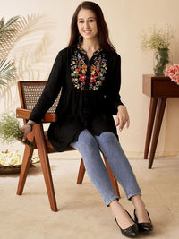 Anouk Floral Embroidered Mandarin Collar Thread Work Short Kurti