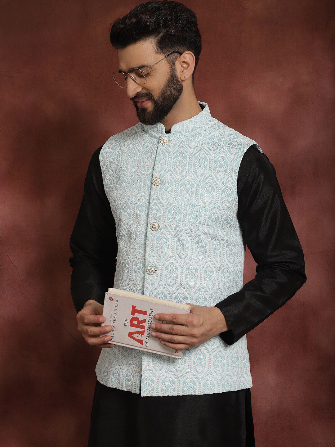 Anouk Ethnic Motifs Straight Kurta with Churidar & Nehru Jacket