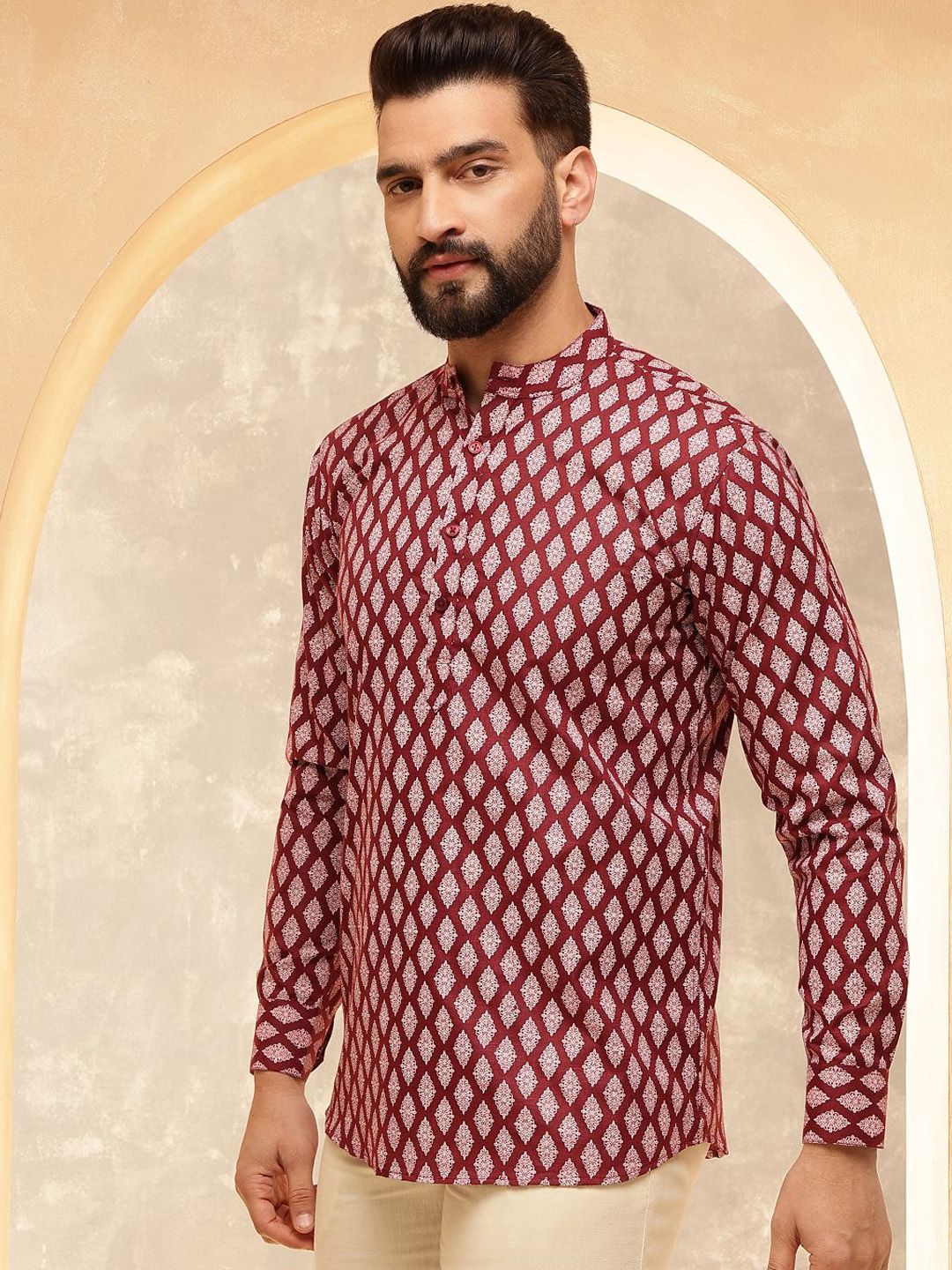 Anouk Maroon Etnik Motif Bercetak Kolar Jalur Kurta Pendek Lurus
