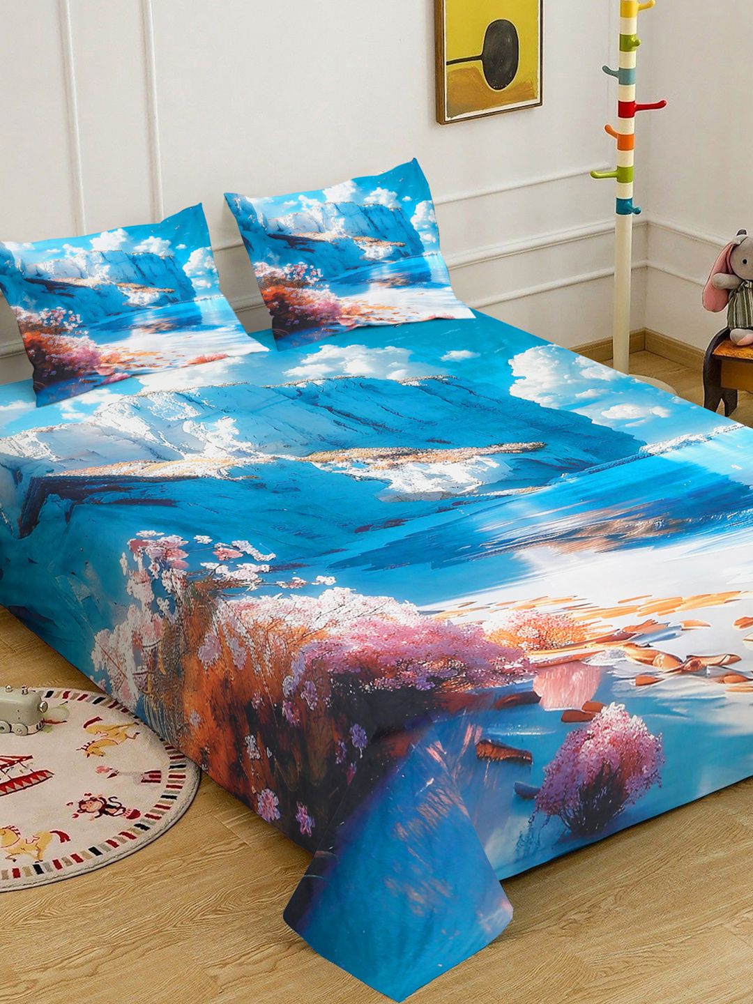 Klotthe Floral Printed 400 TC Double King 7D Bedsheet With 2 Pillow Cover-2.50 m x 2.25m
