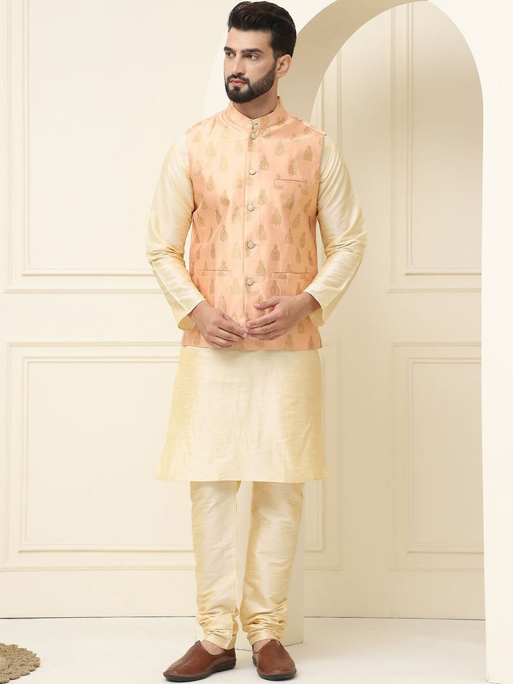 SOJANYA Mandarin Collar Silk Cotton Kurta With Churidar & Woven Design Nehru Jacket