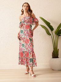 STREET 9 Floral Print Off-Shoulder Crepe A-Line Midi Dress
