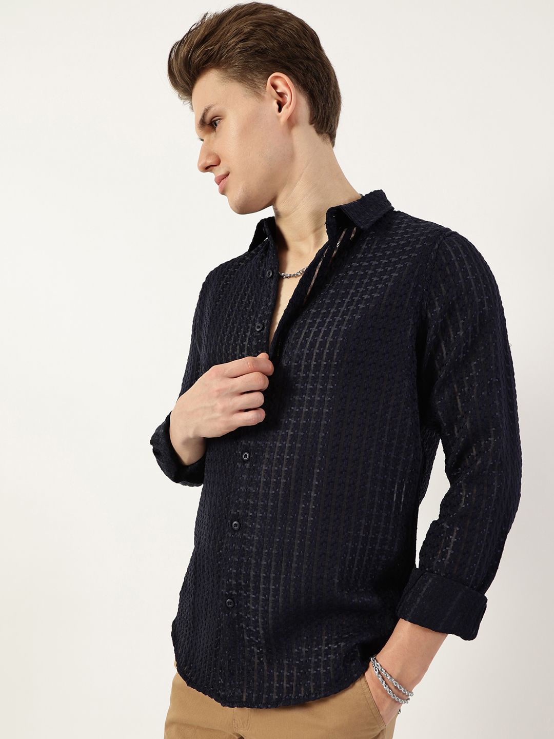 Thomas Scott Men Premium Spread Collar Textured Solid Slim Fit Casual Shirt