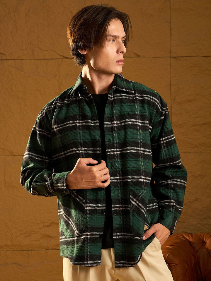 DENNISON Men Double Pocket Drop Shoulder Oversized Cotton Checked Shacket