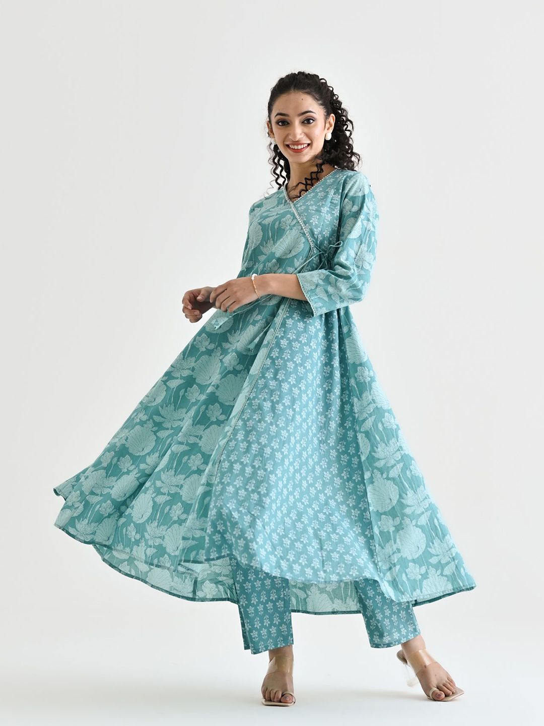 Rustorange Floral Printed Embroidered Neckline Pure Cotton Angarakha Tunic & Trouser