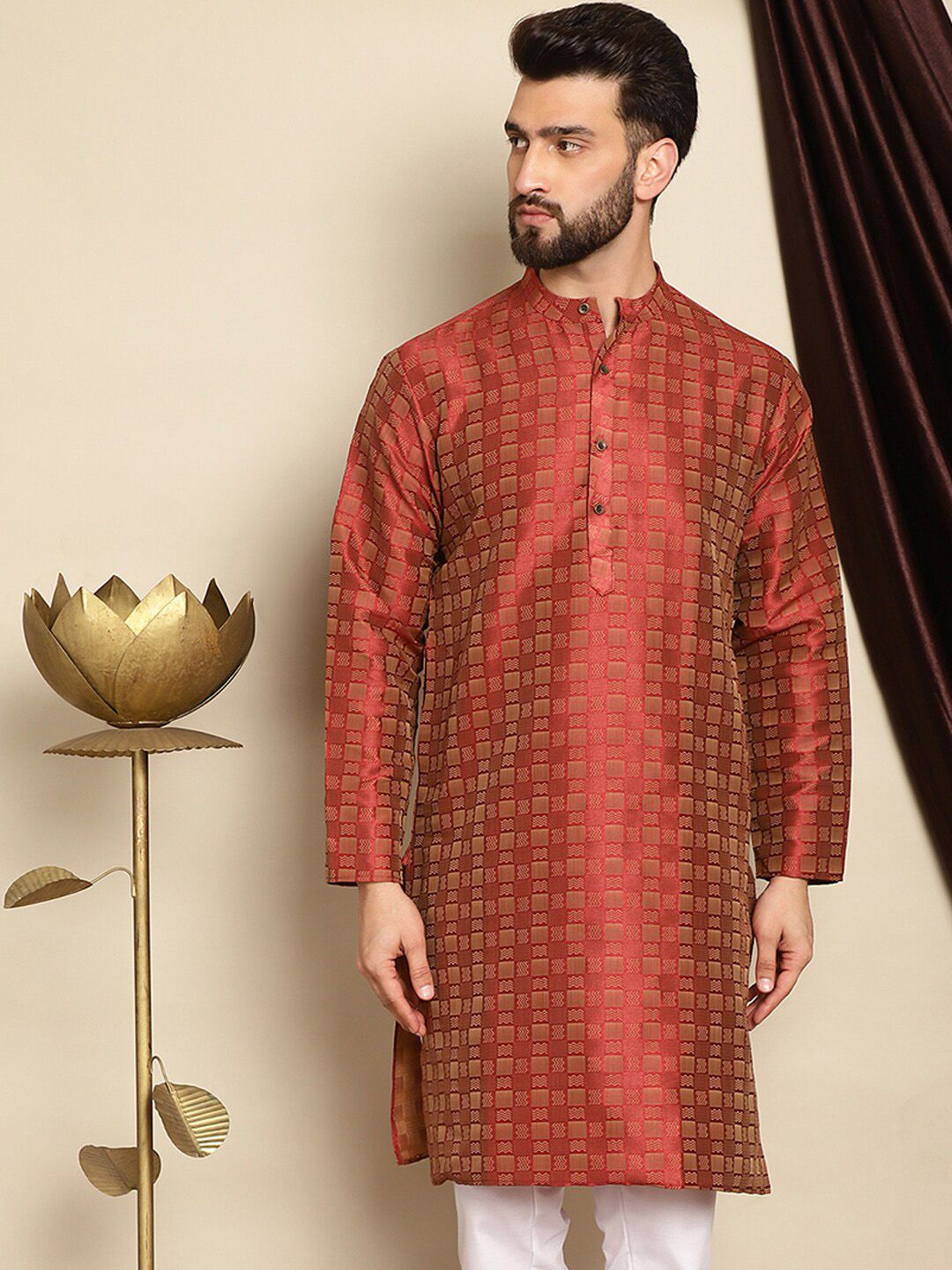 Anouk Geometric Printed Mandarin Collar Jacquard Straight Kurta