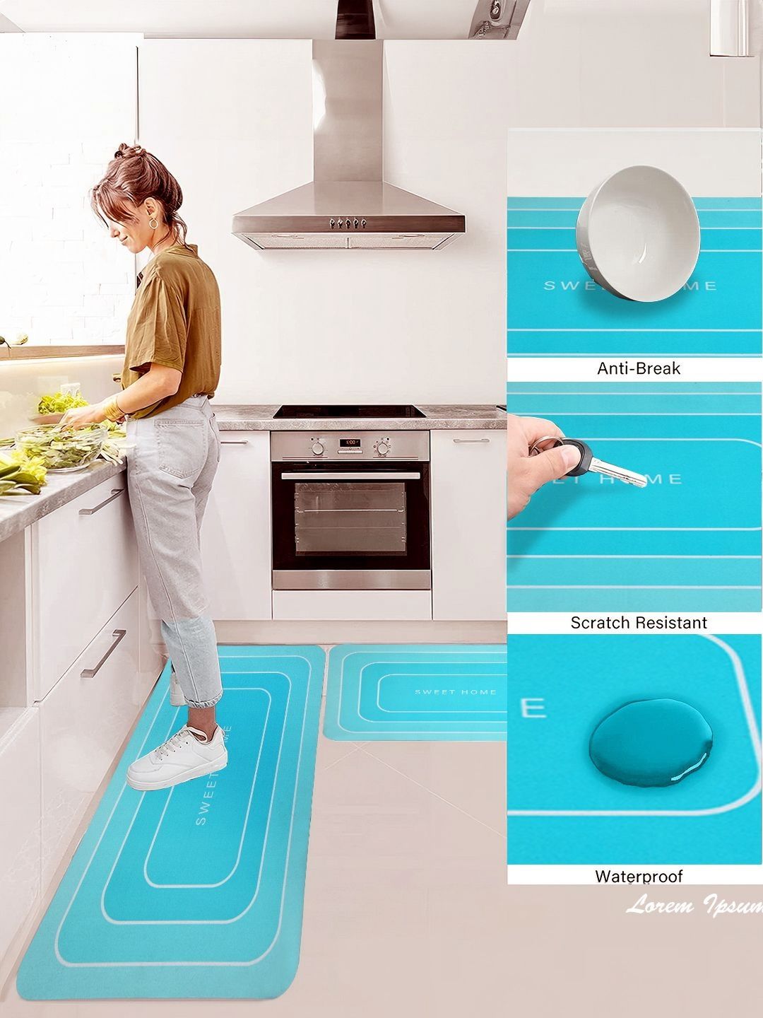 Cortina Blue 2 Pieces Printed Rectangular Anti-Skid Kitchen Mats