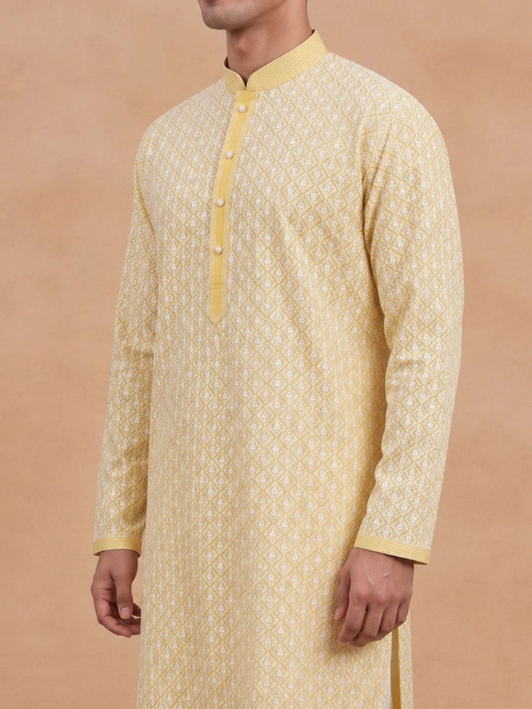 House of Chikankari Lelaki Rekaan Tenun Kurta Kapas Kolar Mandarin