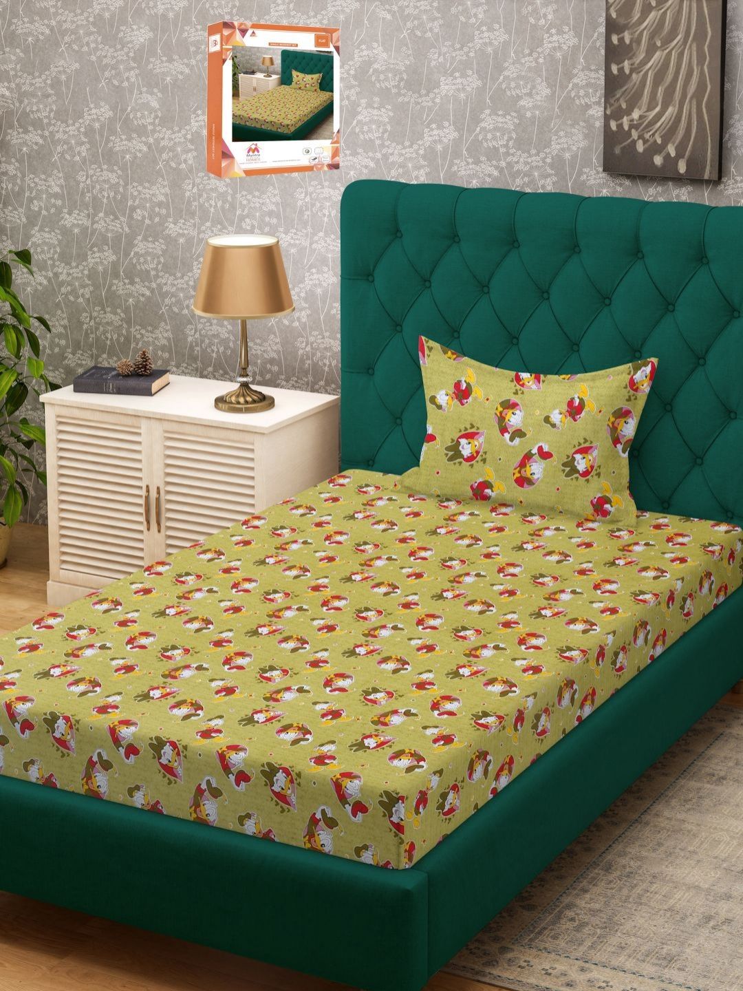 Myntra Elegant Homes Green Cartoon Characters Kapas 400 TC Single Cadar Superfine dengan Sarung Bantal-89 x 59 inci