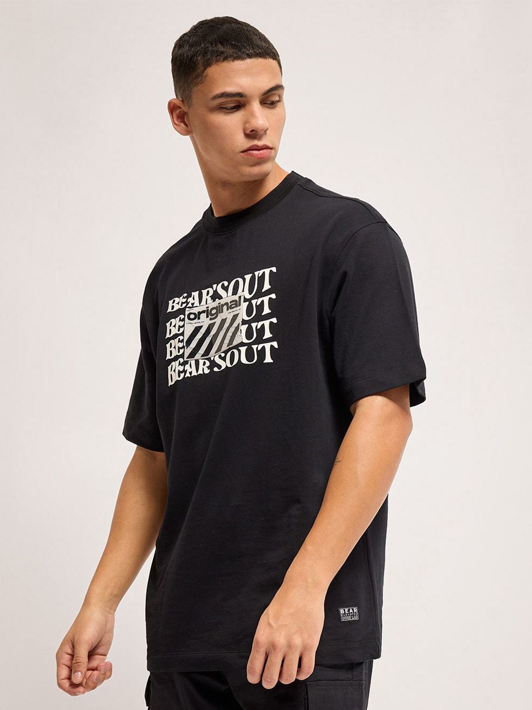 THE BEAR HOUSE Men Typography Printed Round Neck Cotton Oversized T-shirt