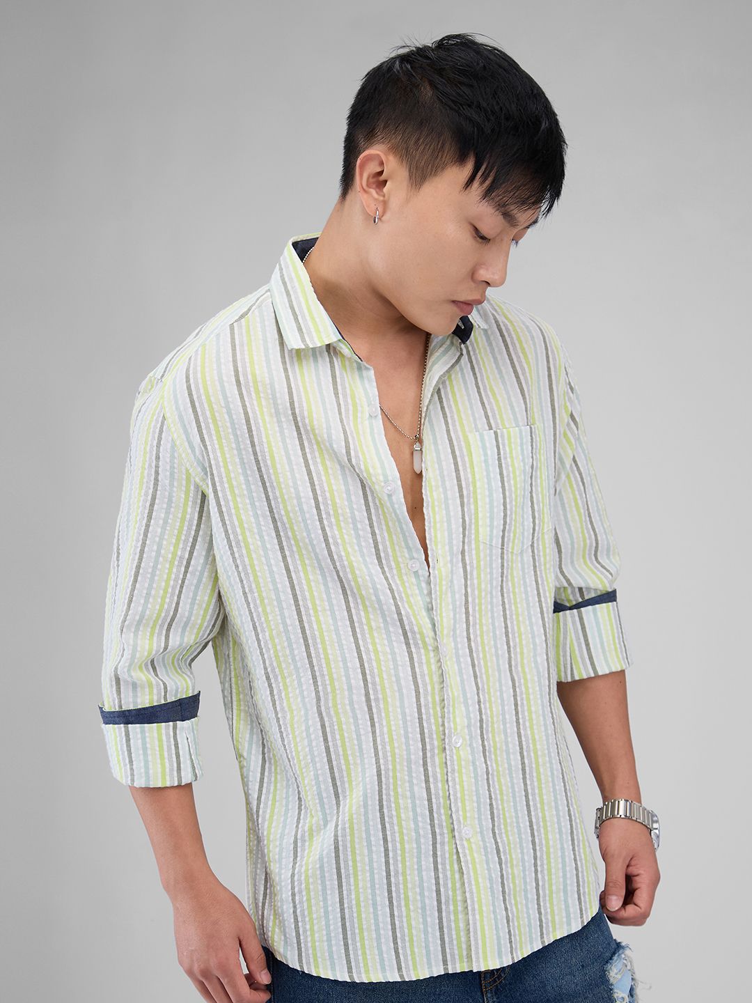 VASTRADO Men Classic Cutaway Collar Multi Striped Cotton Slim Fit Casual Shirt