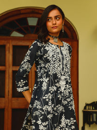 Rumah Chikankari Wanita Navy Blue Mulmul Chikankari Sulam Kurta