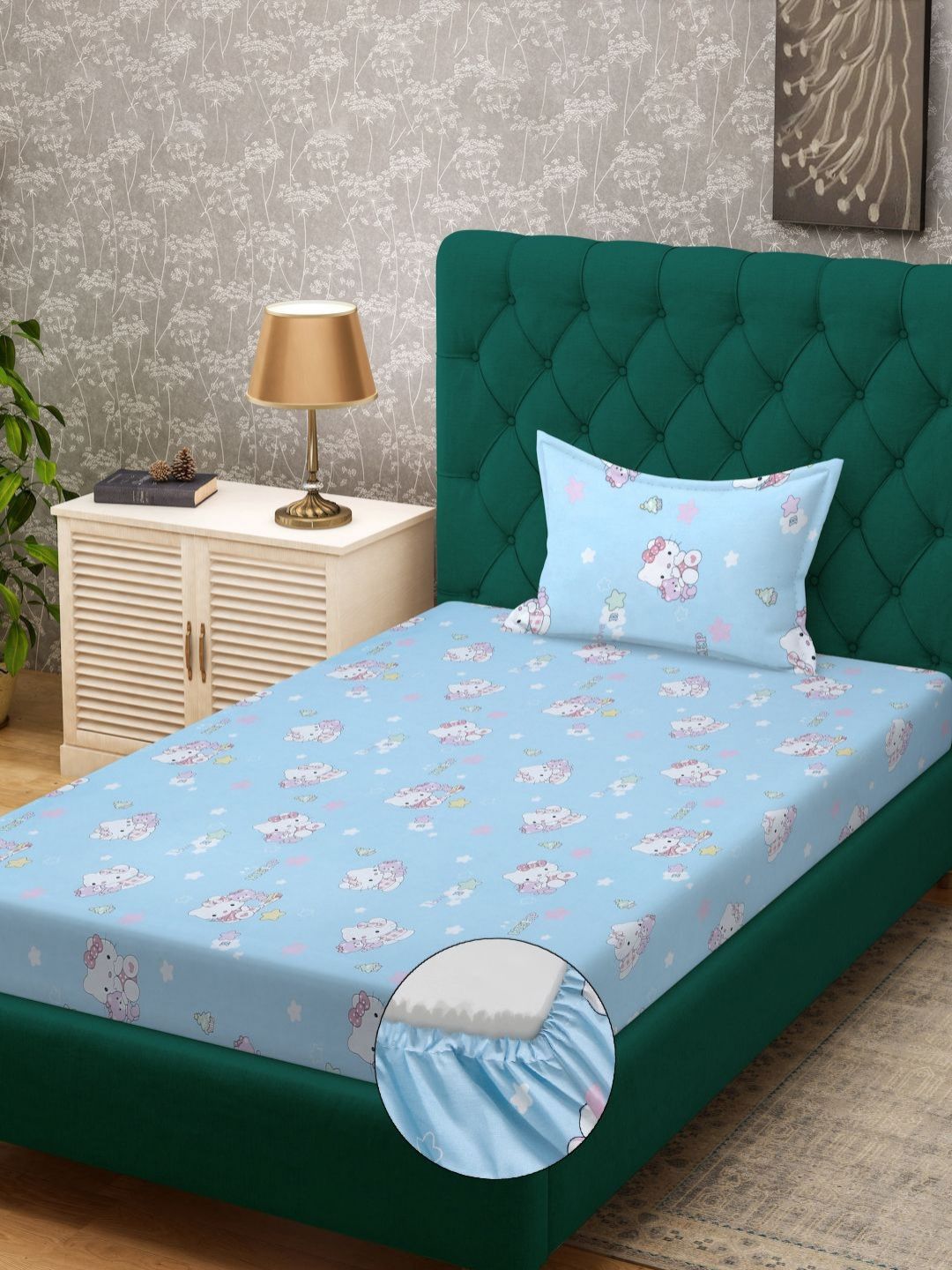 Myntra Elegant Homes Blue Cartoon Characters Pure Cotton 400 TC Fitted Single Superfine Bedsheet with a Pillow Cover-89 x 59 inches
