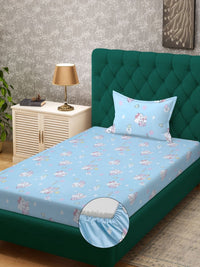 Myntra Elegant Homes Blue Cartoon Characters Pure Cotton 400 TC Fitted Single Superfine Bedsheet with a Pillow Cover-89 x 59 inches