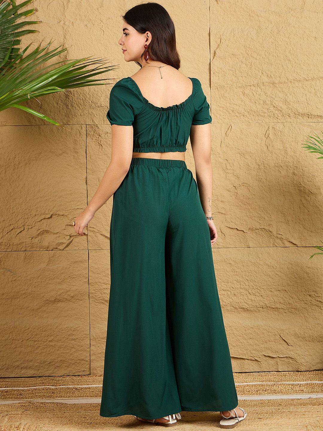 Berrylush Green V-Neck Crop Top With Palazzo