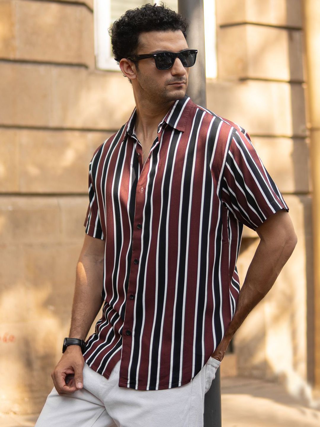 Powerlook ss25 Men Dark Brown Printed Stripe Shirt