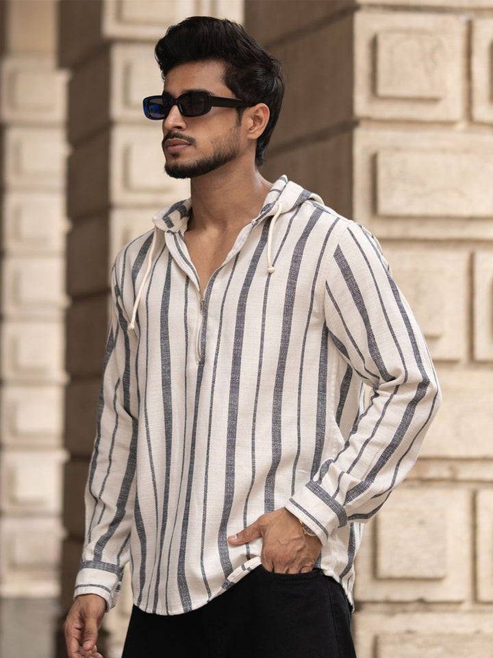 Powerlook Men Vertical Striped Hooded Casual Shirt