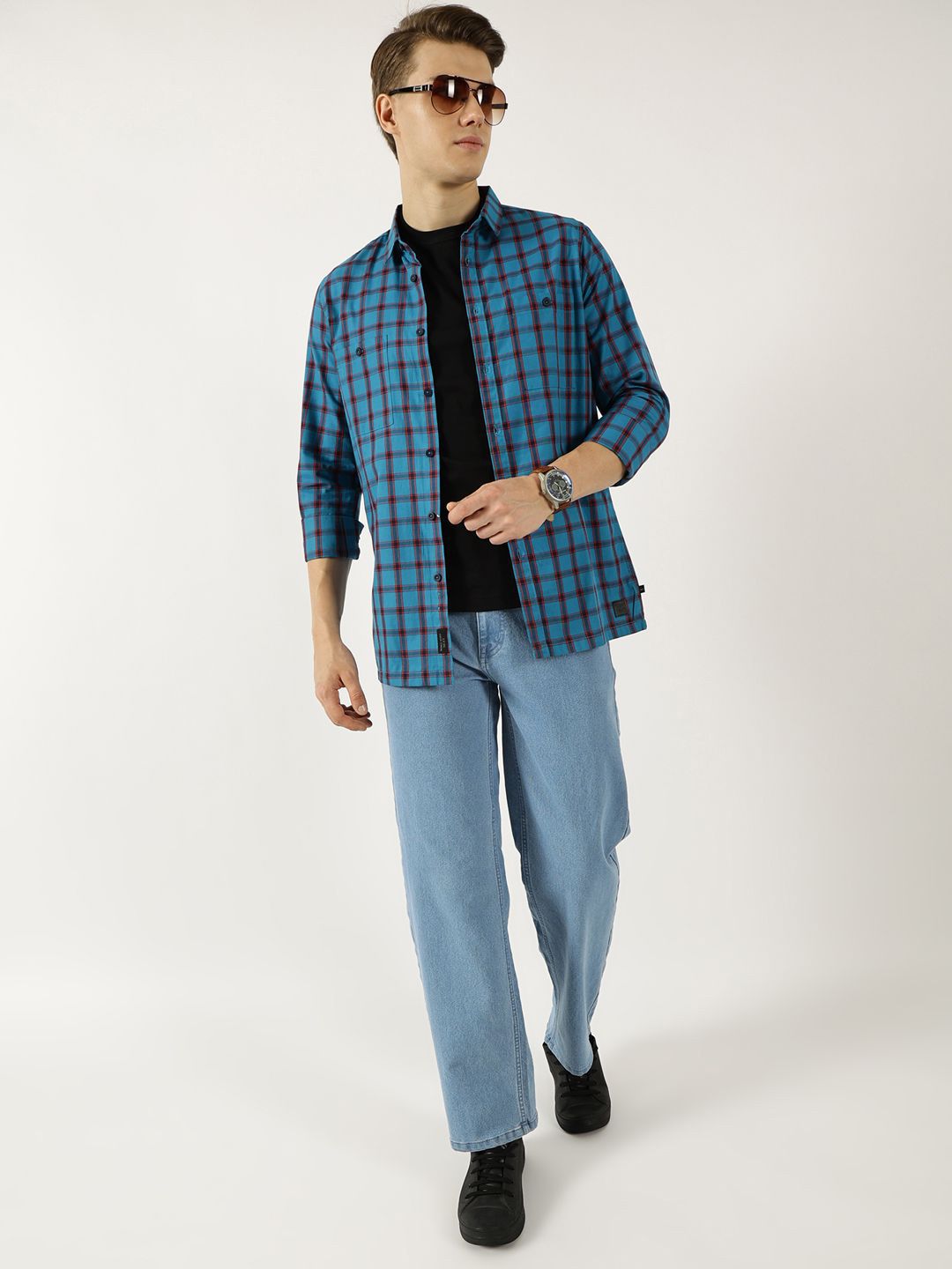 Thomas Scott Men Classic Spread Collar Windowpane Checked Cotton Slim Fit Casual Shirt