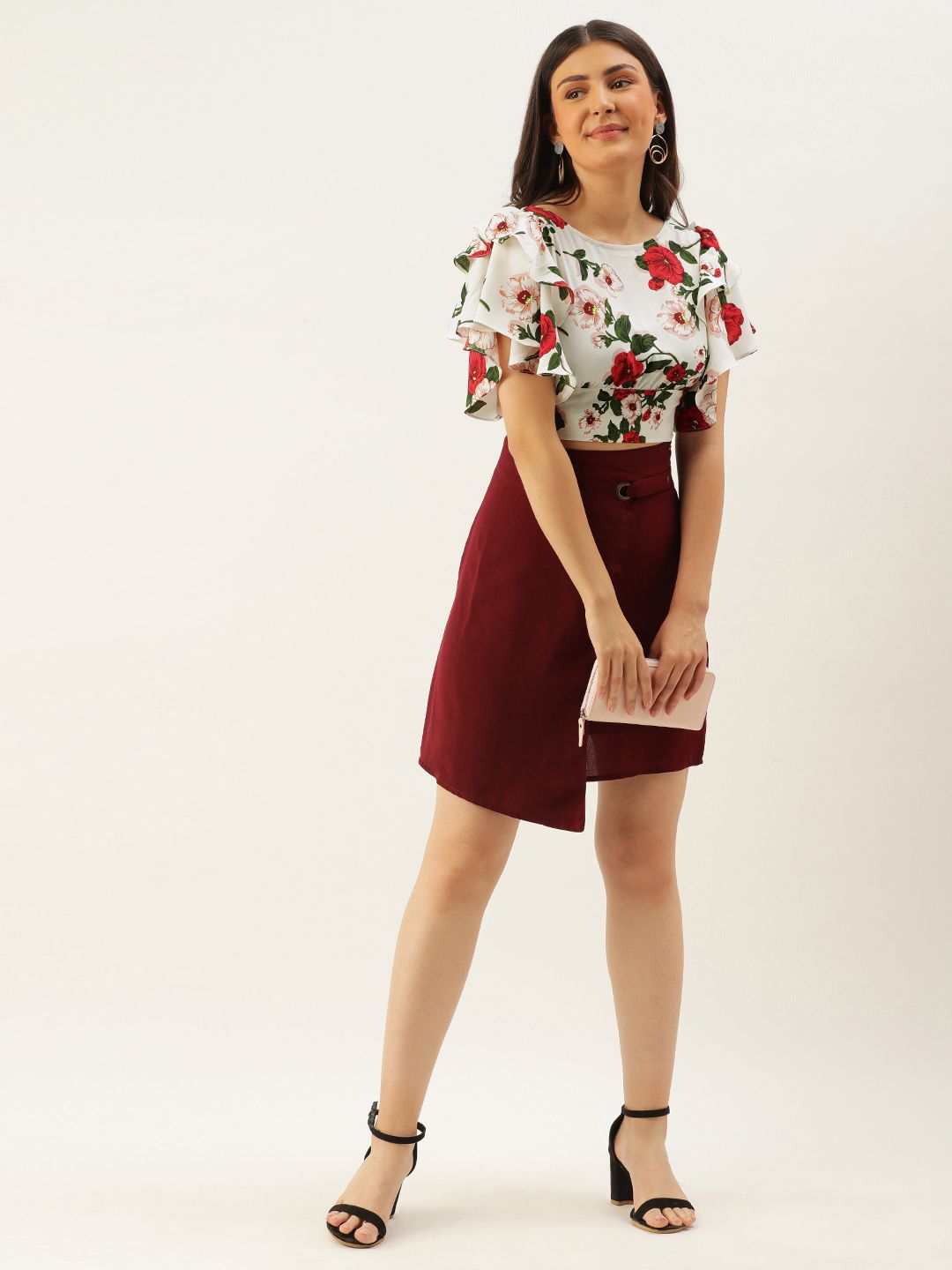 Berrylush White & Red Floral Printed Flutter Sleeves Styled Back Crop Top