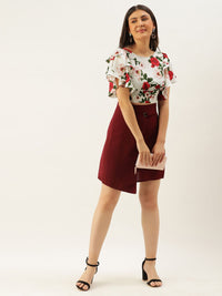 Berrylush White & Red Floral Printed Flutter Sleeves Styled Back Crop Top