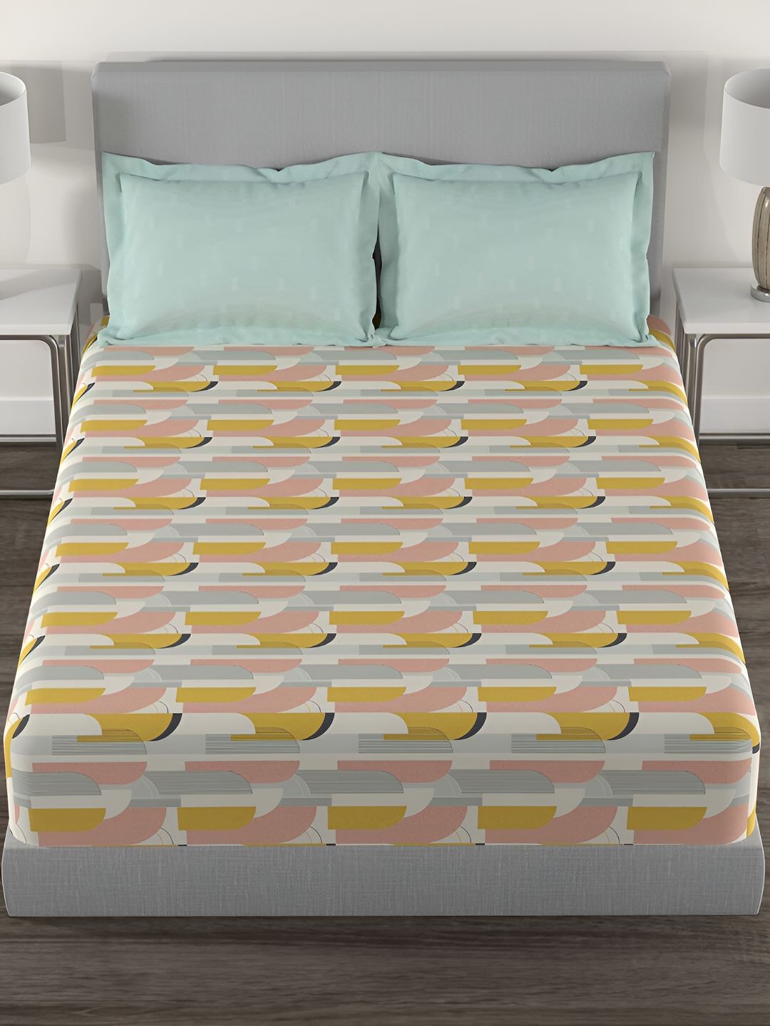 MYTRIDENT Charleen Yellow Flat 144TC Queen Cotton 1 Bedsheet with 2 Pillow Covers