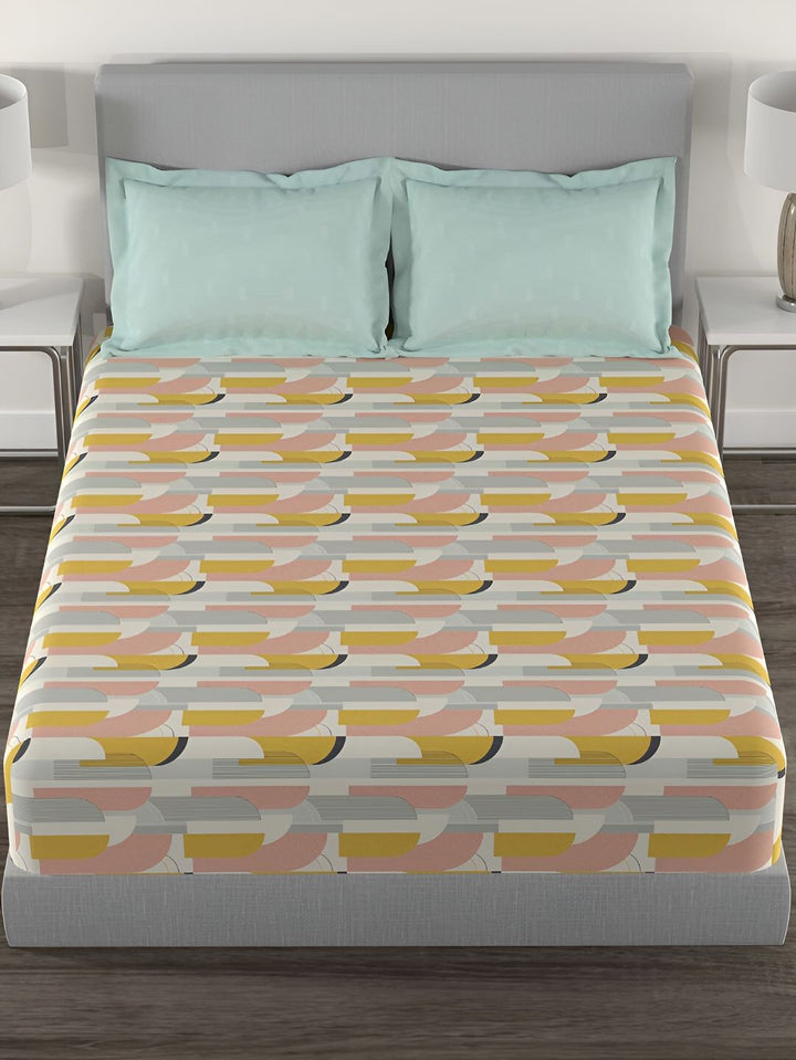 MYTRIDENT Charleen Yellow Flat 144TC Queen Cotton 1 Bedsheet with 2 Pillow Covers