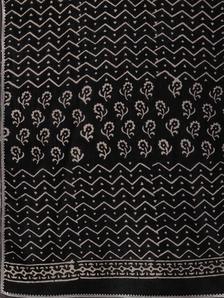 Libas Black & White Floral Printed Notch Neck Pure Cotton Kurta with Trousers & Dupatta