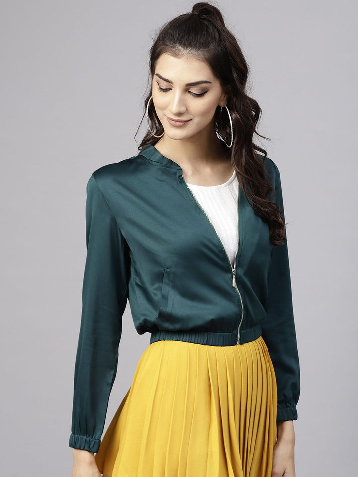 STREET 9 Women Teal Green Solid Satin Cropped Bomber Jacket