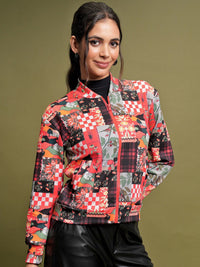 Tokyo Talkies Red Floral Printed Stand Collar Bomber Jacket With Zip Detail