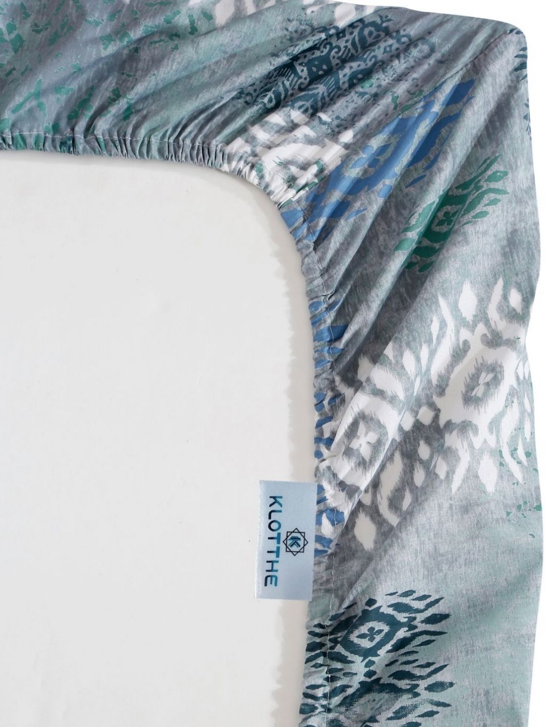 KLOTTHE Blue Geometric Printed 400TC Pure Cotton Fitted Double King Bedsheet Set