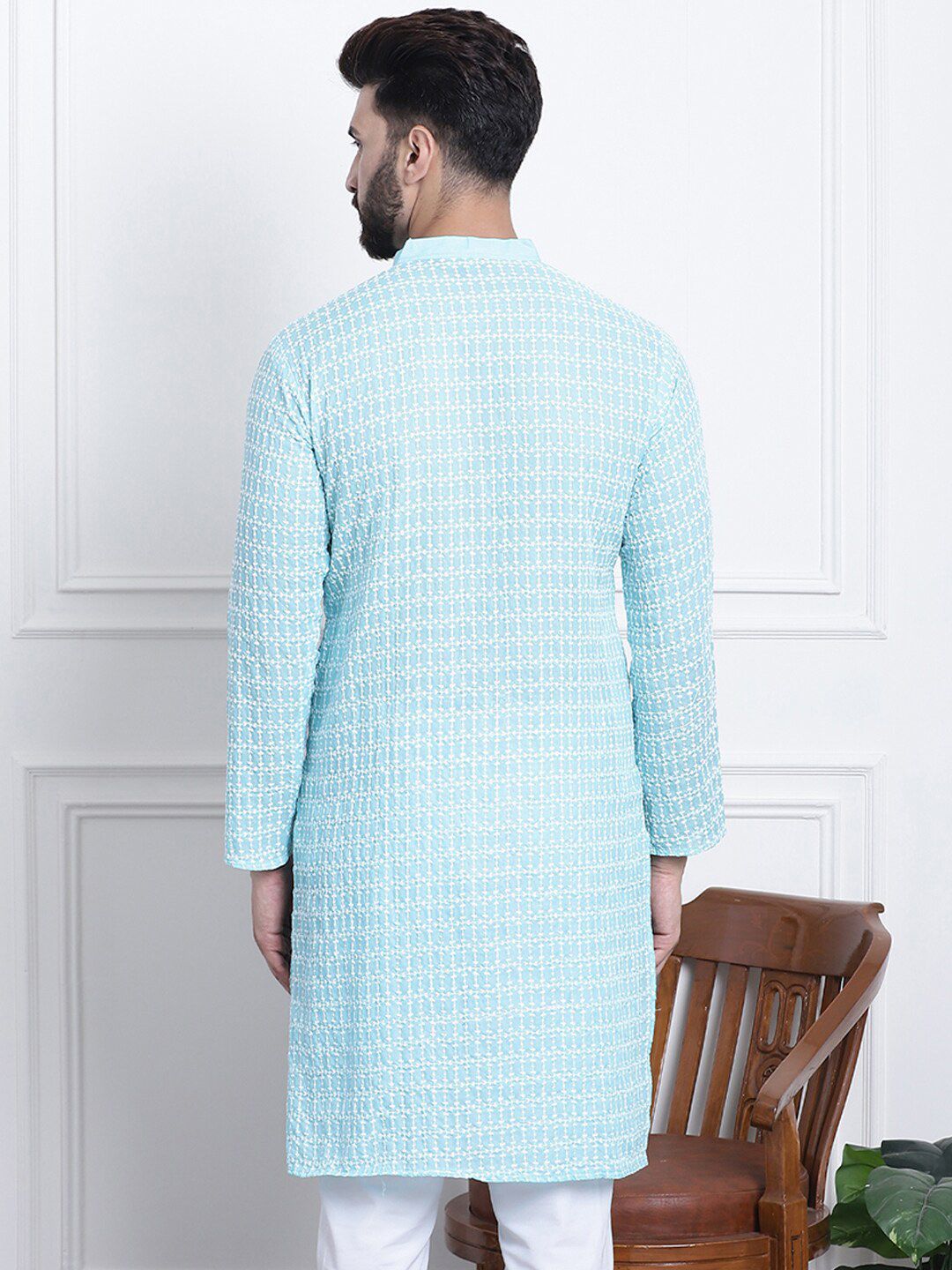 SOJANYA Kolar Mandarin Sulam Bunga Pure Cotton Kurta Lurus