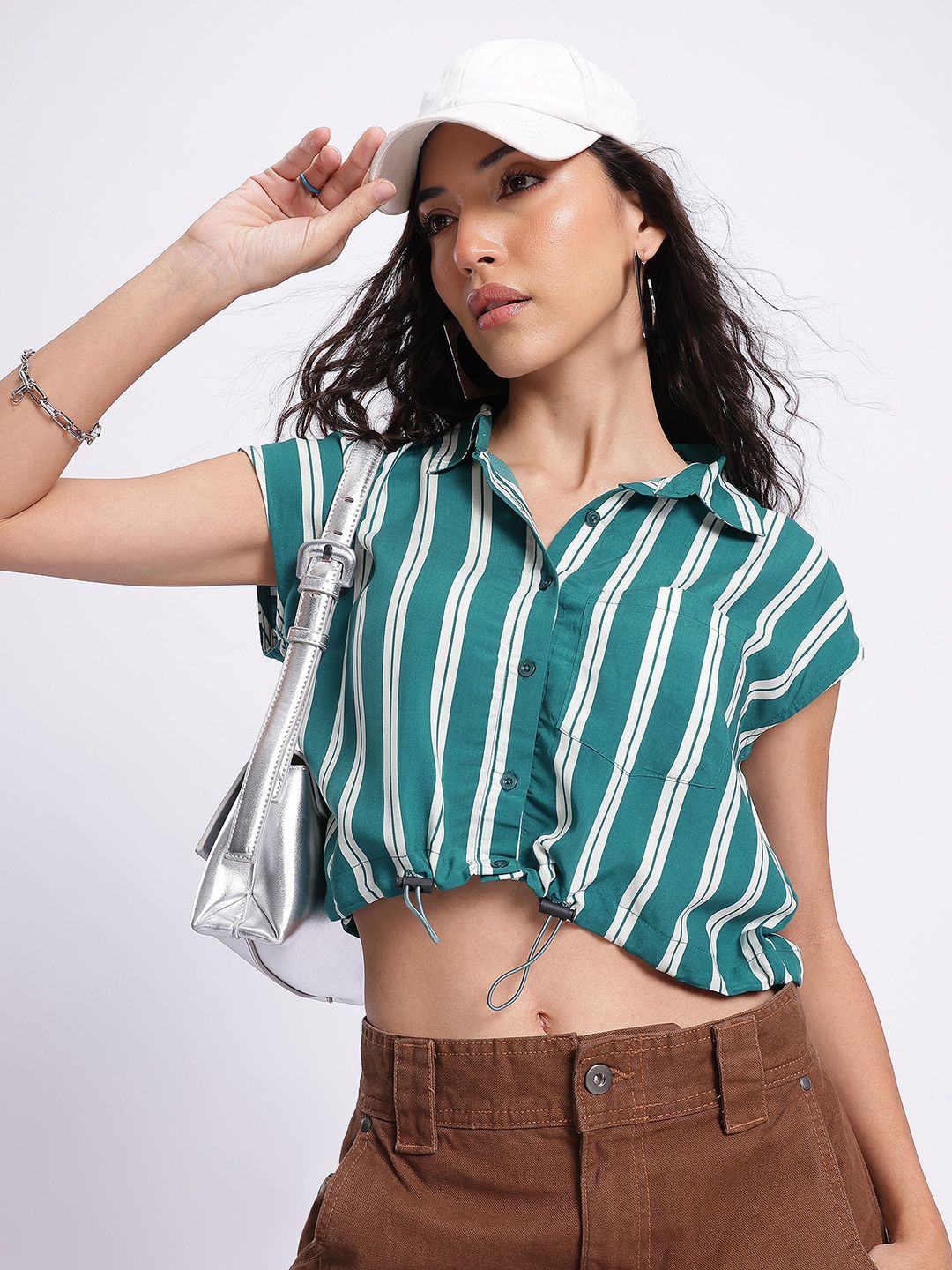 DressBerry Striped Cinched Waist Crop Shirt-Style Top