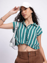 DressBerry Striped Cinched Waist Crop Shirt-Style Top