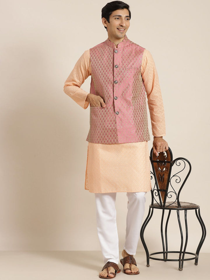 SOJANYA Men Peach-Coloured Chikankari Pure Cotton Kurta with Churidar & Nehru Jacket
