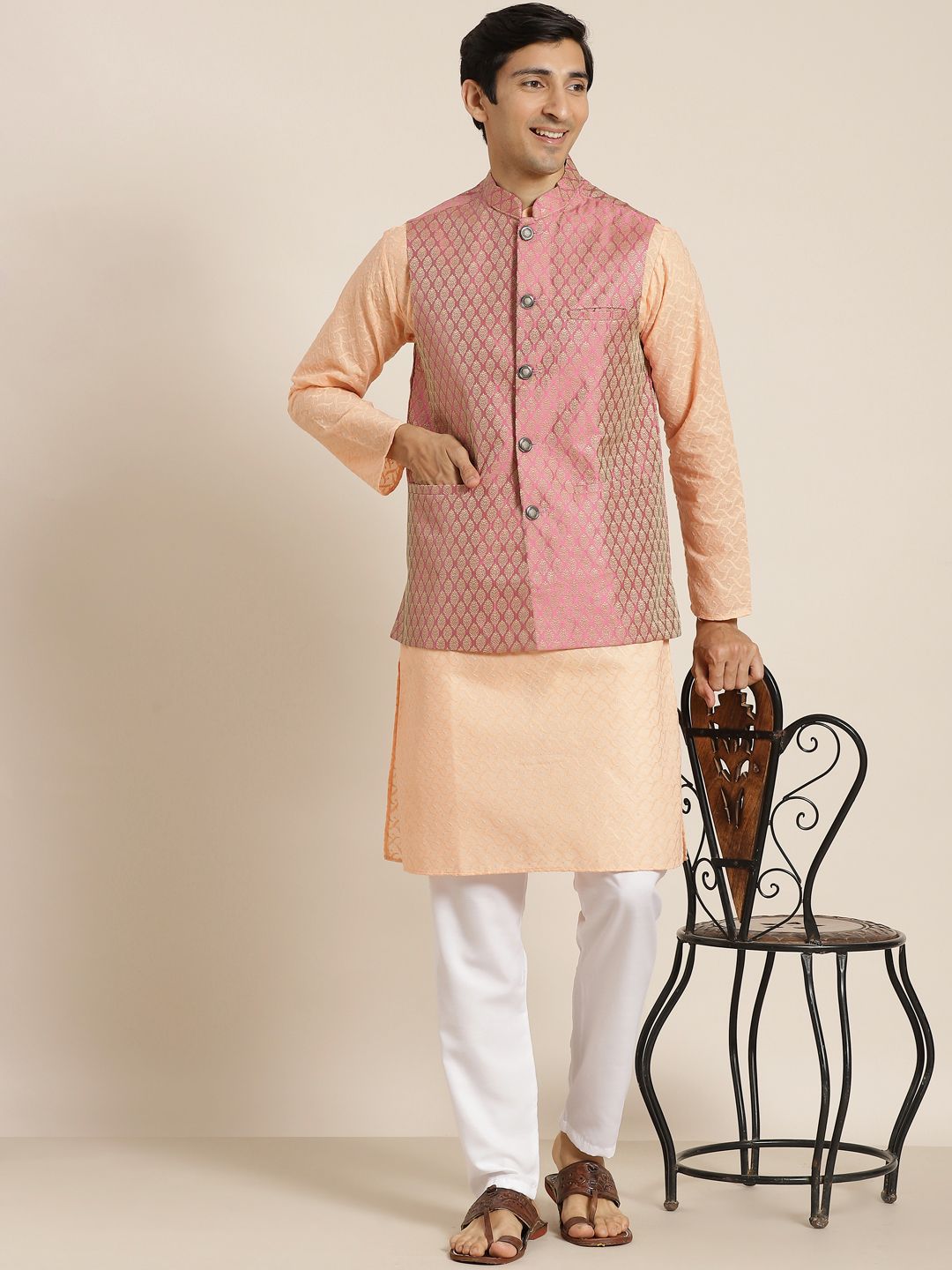 SOJANYA Men Peach-Coloured Chikankari Pure Cotton Kurta with Churidar & Nehru Jacket