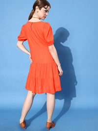 DressBerry Women Orange Solid A-Line Puff-Sleeve Tiered Dress