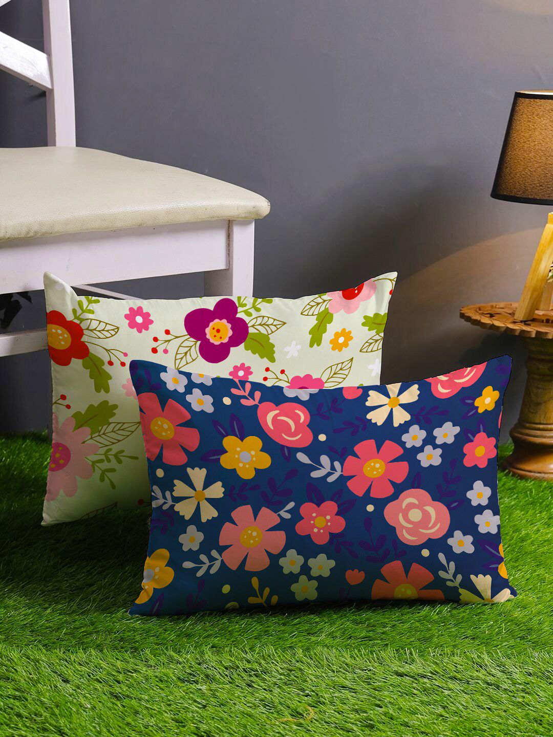 STITCHNEST Blue & White Set of 2 Floral Rectangle Cushion Covers