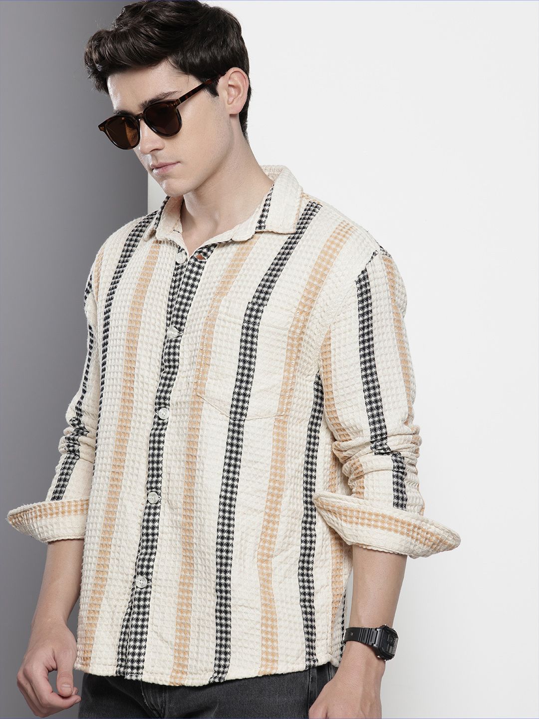 The Indian Garage Co Textured & Striped Pure Cotton Relaxed Fit Casual Shirt