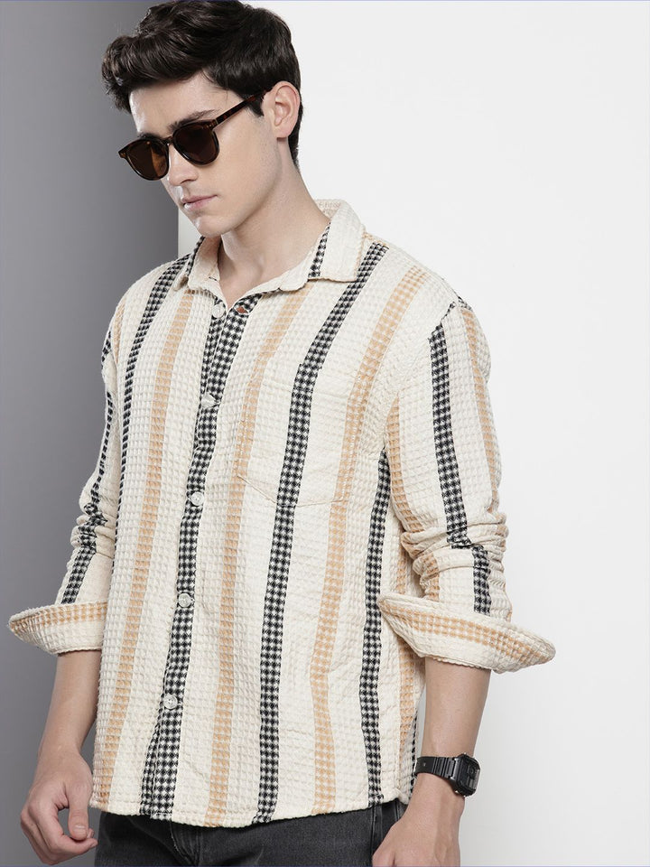 The Indian Garage Co Textured & Striped Pure Cotton Relaxed Fit Casual Shirt
