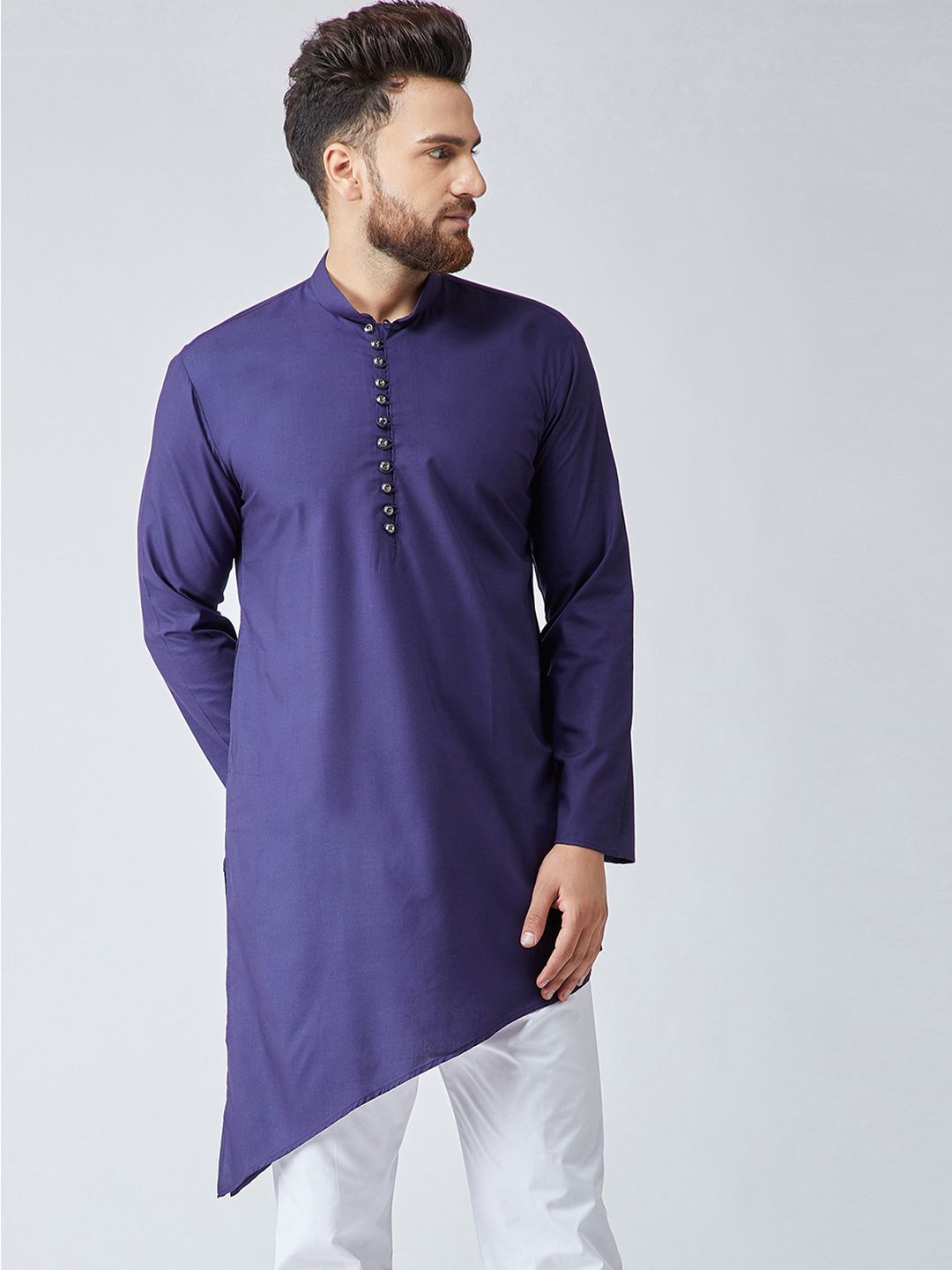 SOJANYA Lelaki Navy Blue Solid Asymmetric Straight Kurta
