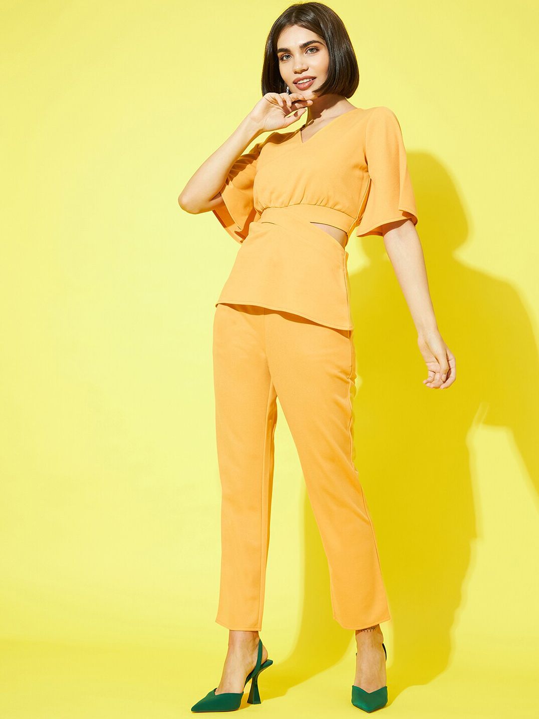 Athena Women Mustard Yellow Solid V-Neck Top and Trousers