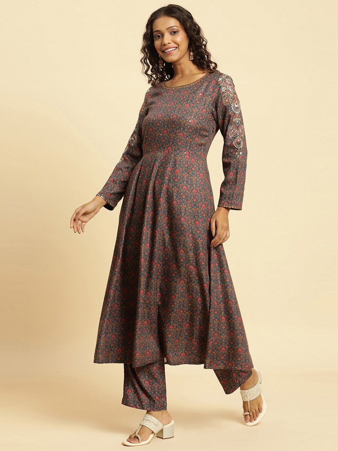 W Ethnic Motifs Printed Regular Sequinned Kurta with Trousers