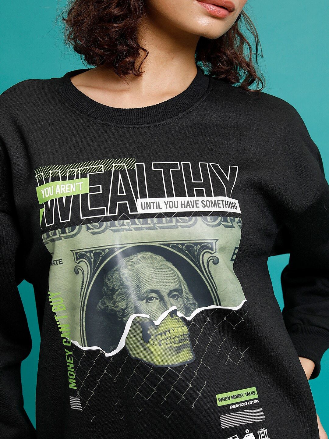 Tokyo Talkies Black Graphic Printed Round Neck Oversized Pullover Sweatshirt