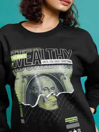 Tokyo Talkies Black Graphic Printed Round Neck Oversized Pullover Sweatshirt