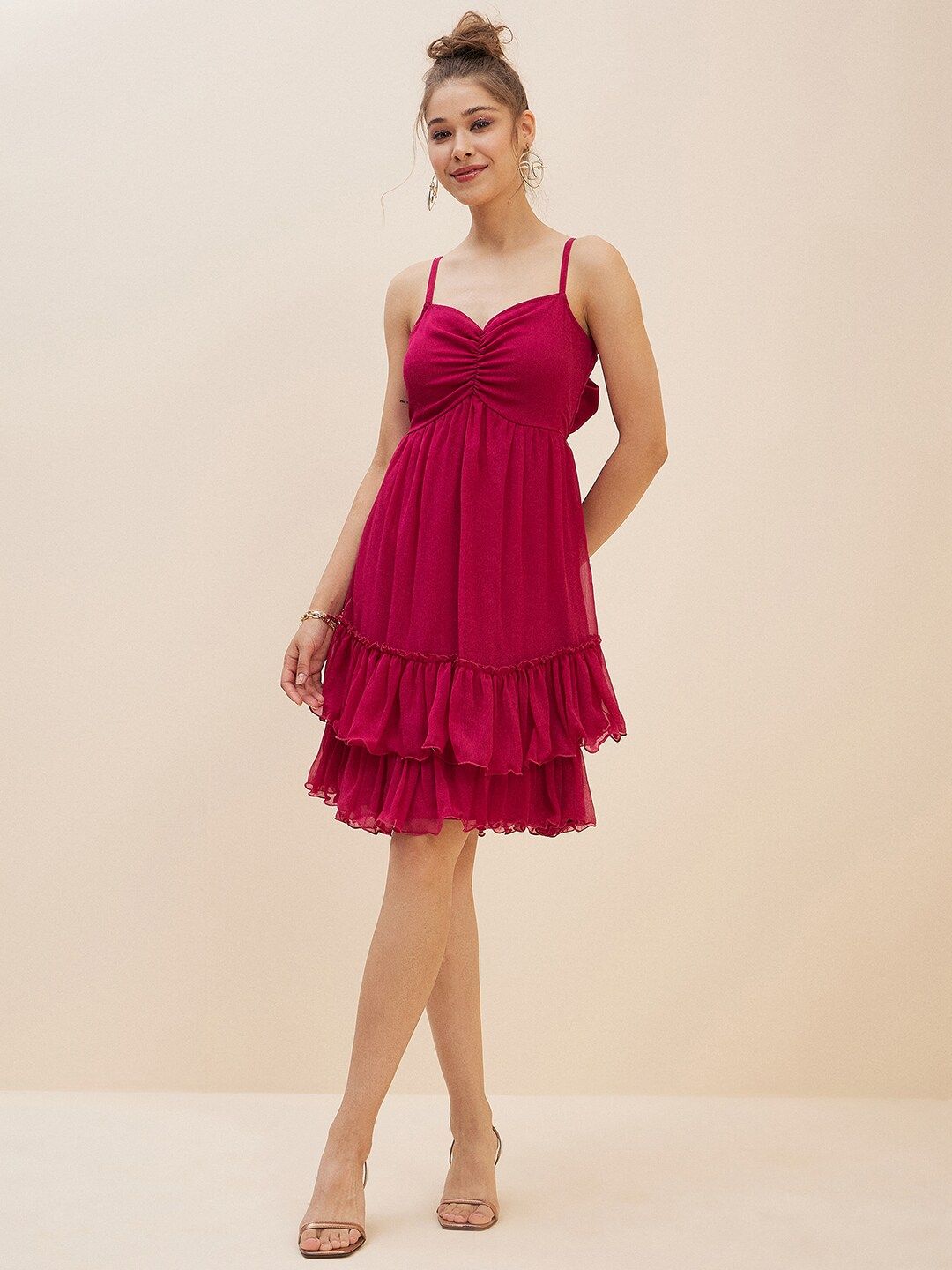 Antheaa Pink Layered Chiffon Empire Dress