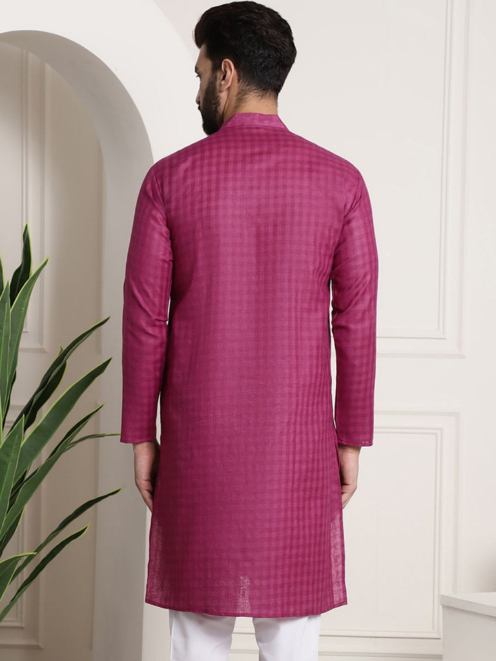 SOJANYA Men Cotton Linen Checked Straight Kurta