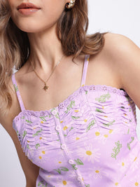 DressBerry Lavender Love Daisy Dreams Lace Inserts Pleated Printed Top