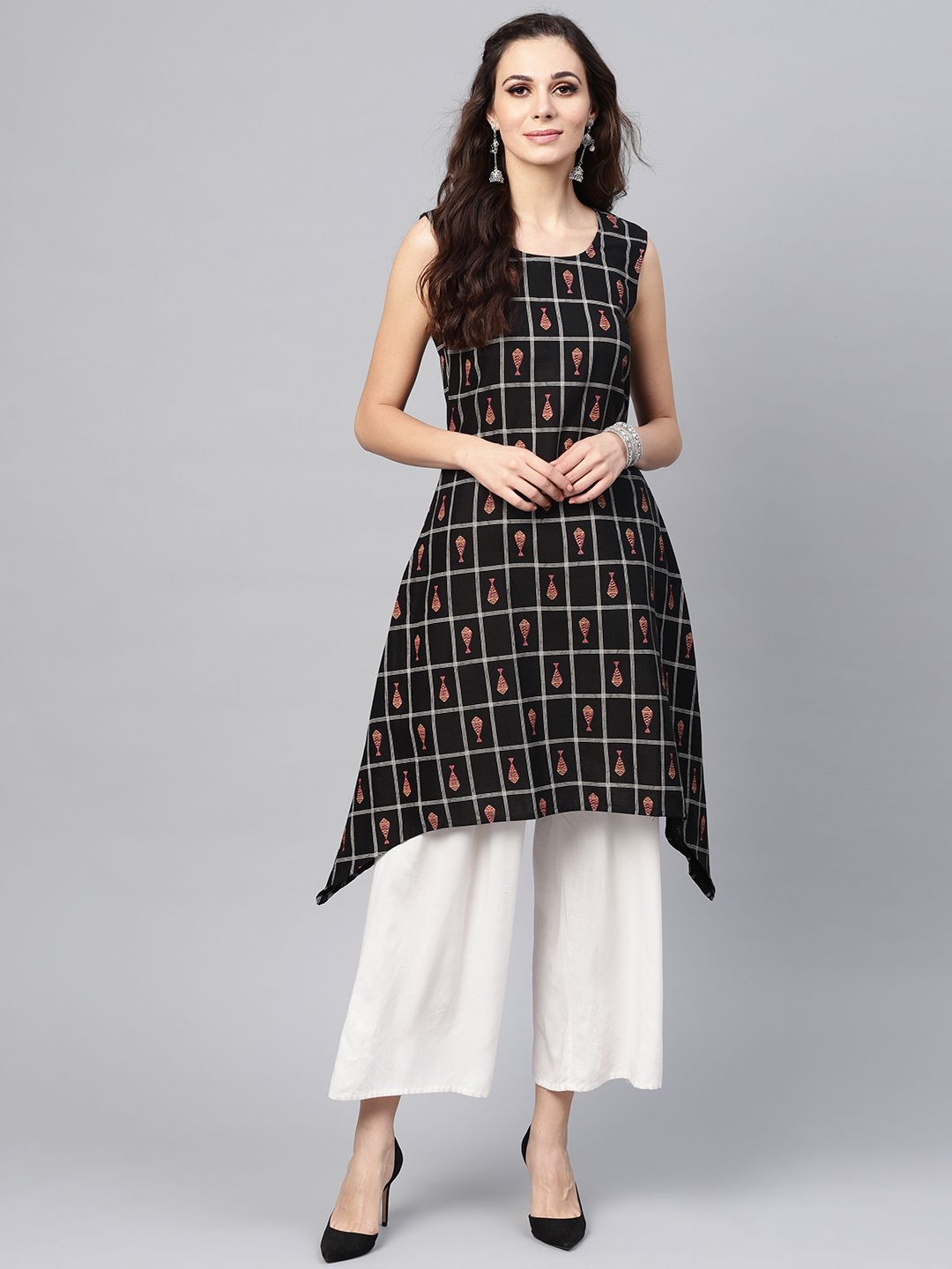 SOJANYA Women Black & White Checked A-Line Kurta